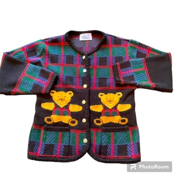 Tally Ho Sweaters - 1980's AOP Teddy Bear Tartan Plaid Plush Tail Themed Cardigan Sweater Medium